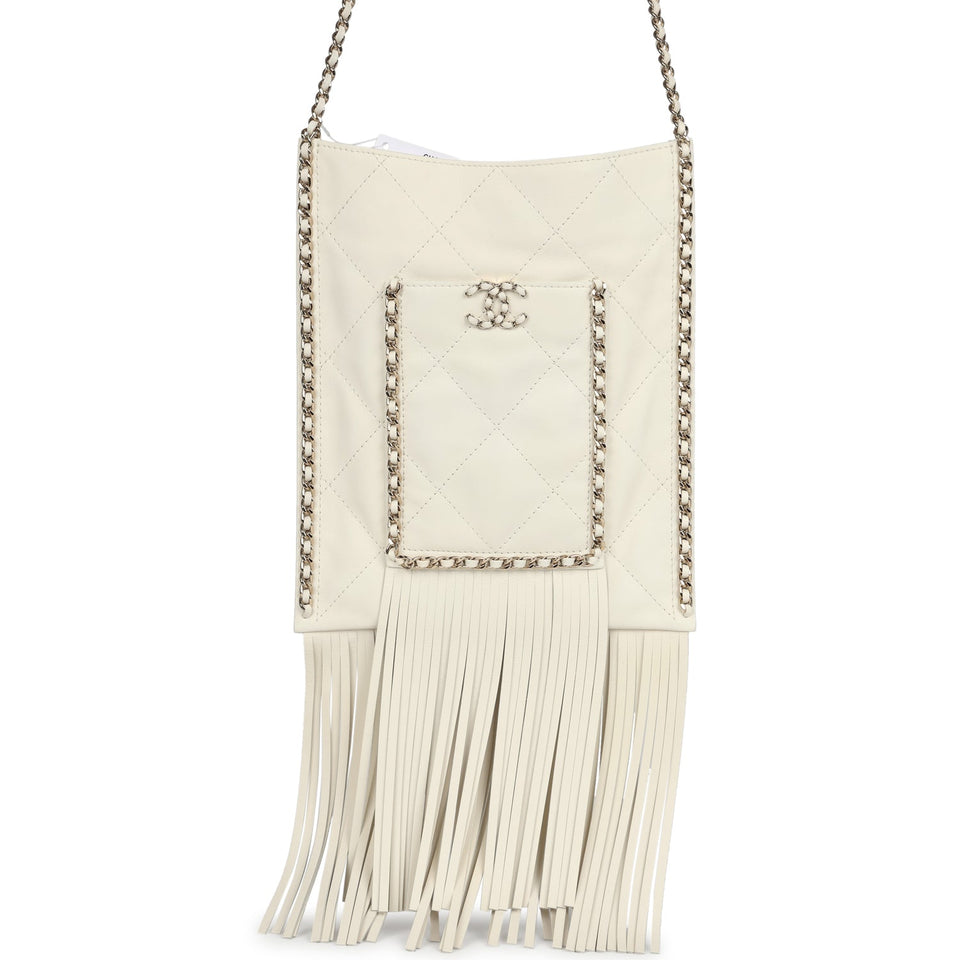Chanel Small CC Fringe Shopping Bag White Calfskin Light Gold Hardware