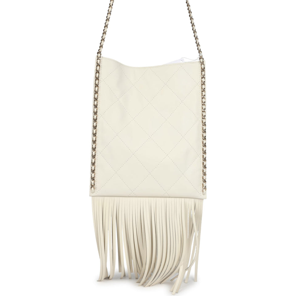 Chanel Small CC Fringe Shopping Bag White Calfskin Light Gold Hardware