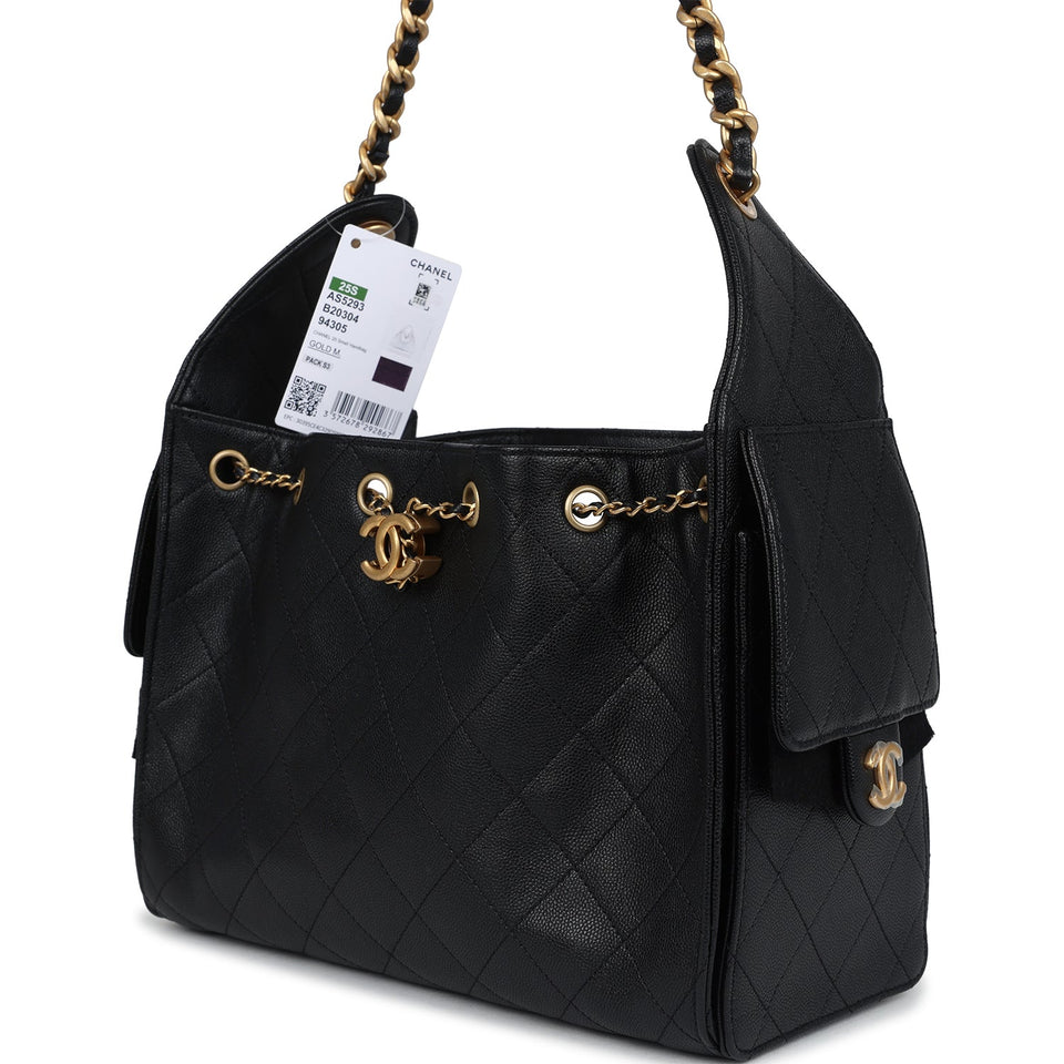 Chanel Small 25 Hobo Bag Black Caviar Antique Gold Hardware
