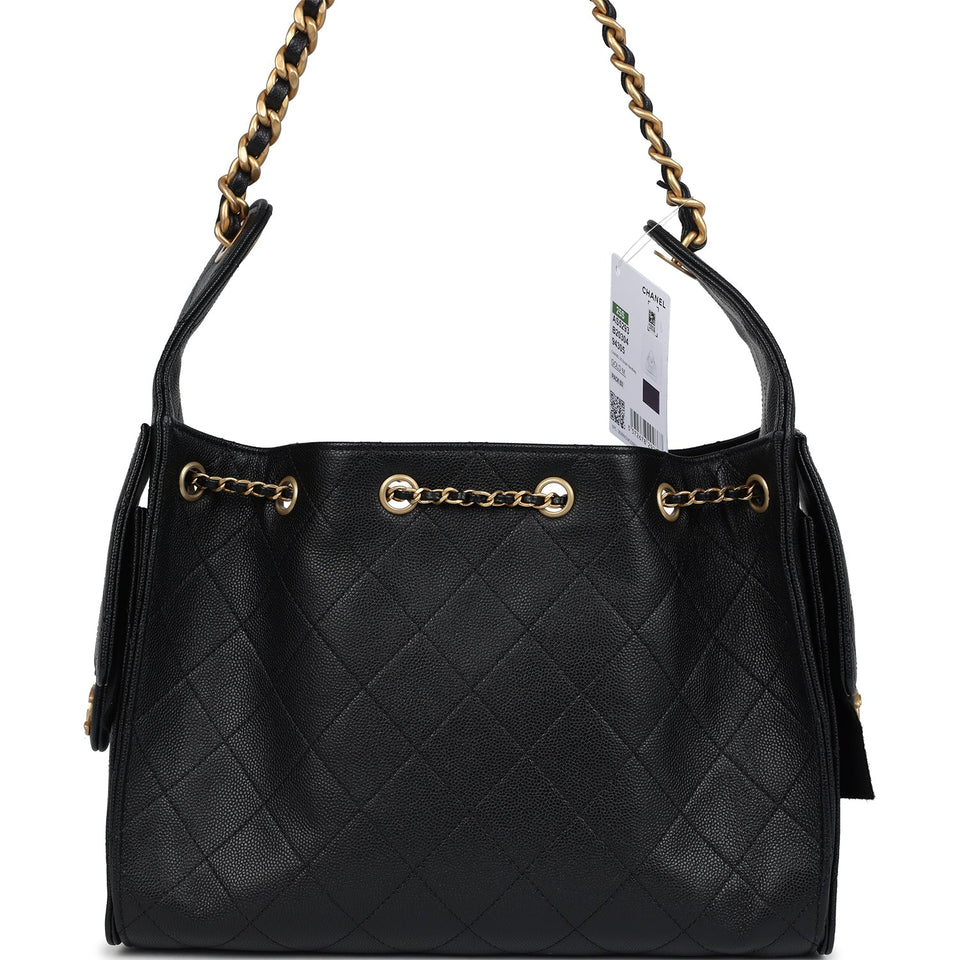 Chanel Small 25 Hobo Bag Black Caviar Antique Gold Hardware