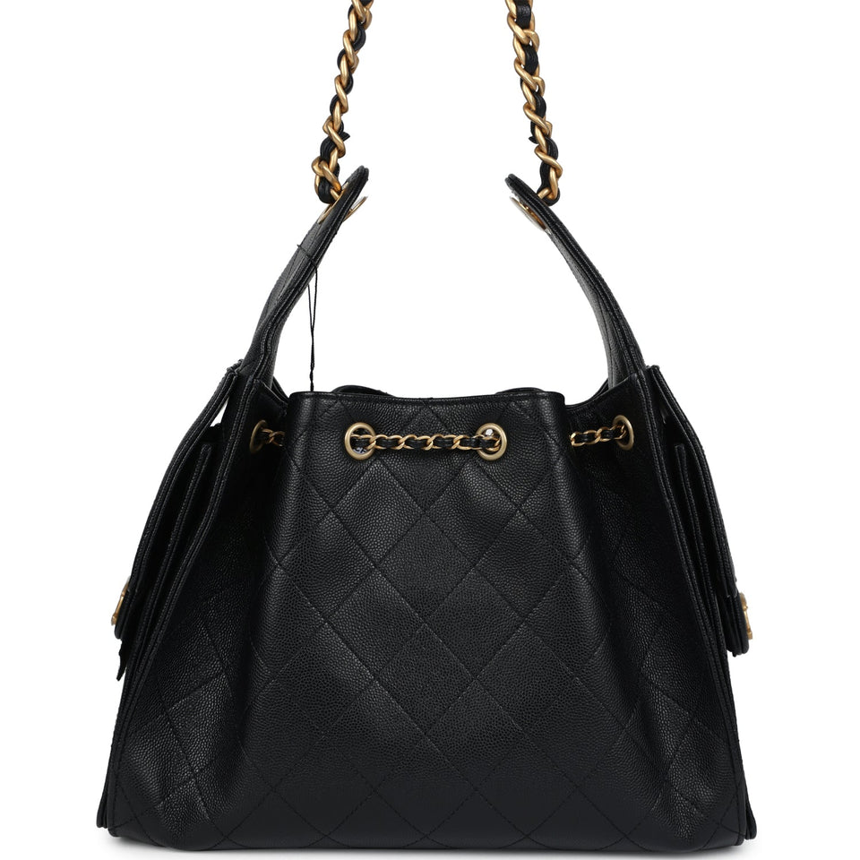 Chanel Small 25 Hobo Bag Black Caviar Antique Gold Hardware