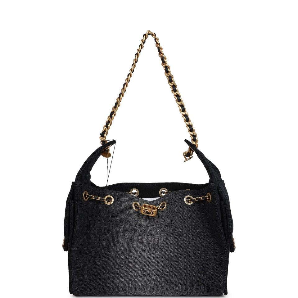 Chanel Small 25 Hobo Bag Black Washed Denim Antique Gold Hardware