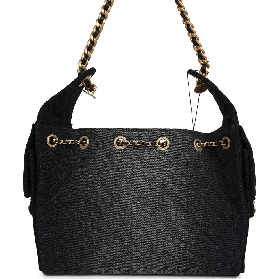 Chanel Small 25 Hobo Bag Black Washed Denim Antique Gold Hardware