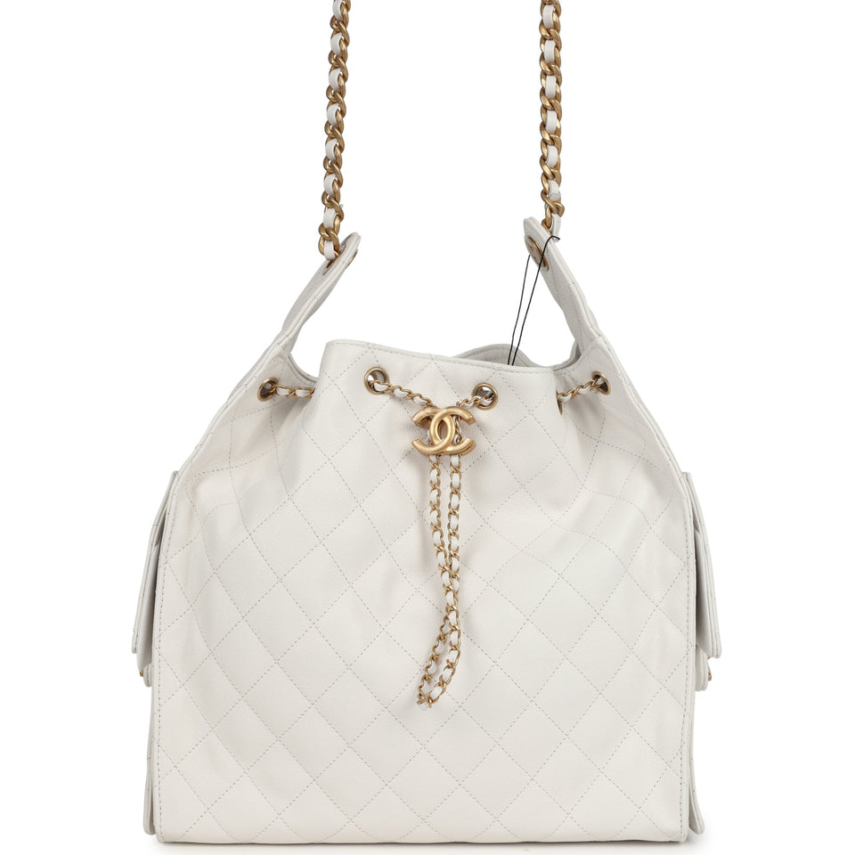 Chanel Medium 25 Hobo Bag White Caviar Antique Gold Hardware