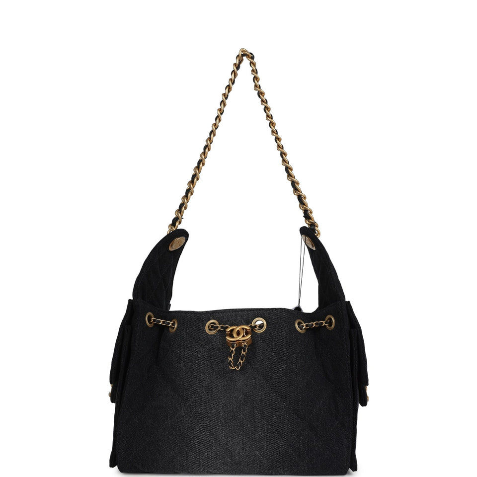 Chanel Small 25 Hobo Bag Black Washed Denim Antique Gold Hardware