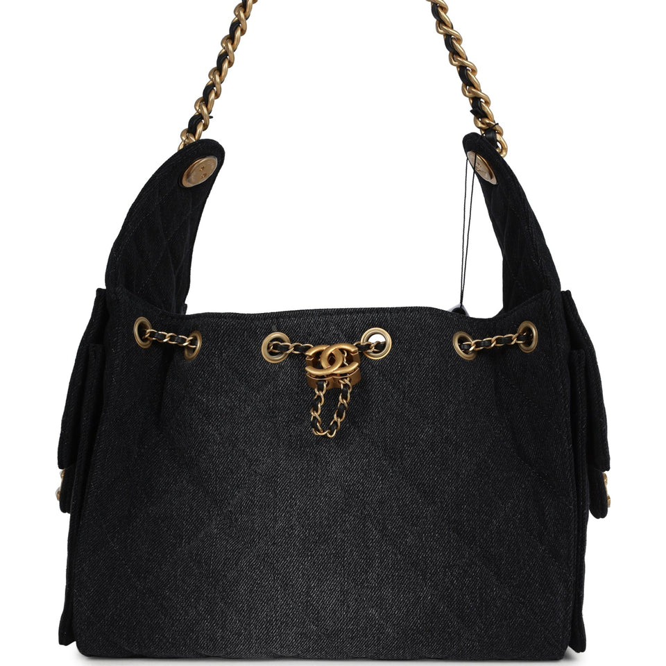 Chanel Small 25 Hobo Bag Black Washed Denim Antique Gold Hardware