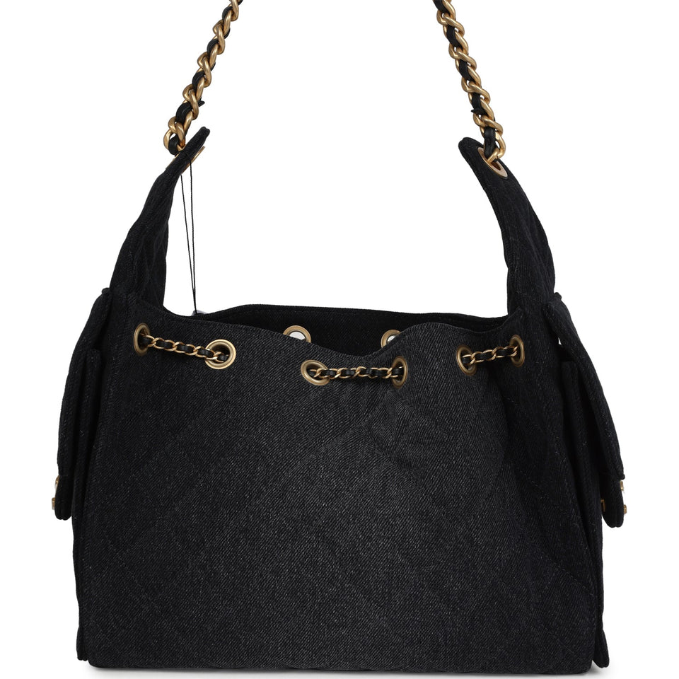 Chanel Small 25 Hobo Bag Black Washed Denim Antique Gold Hardware