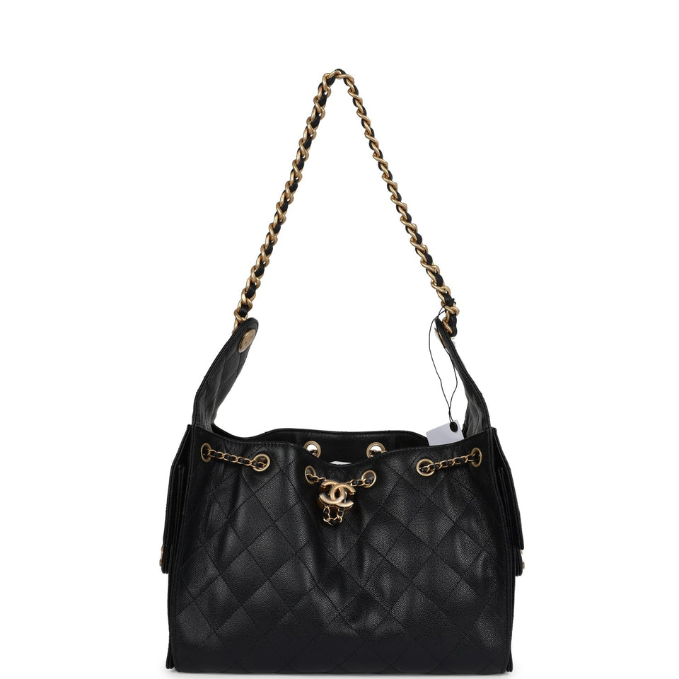 Chanel Small 25 Hobo Bag Black Caviar Antique Gold Hardware