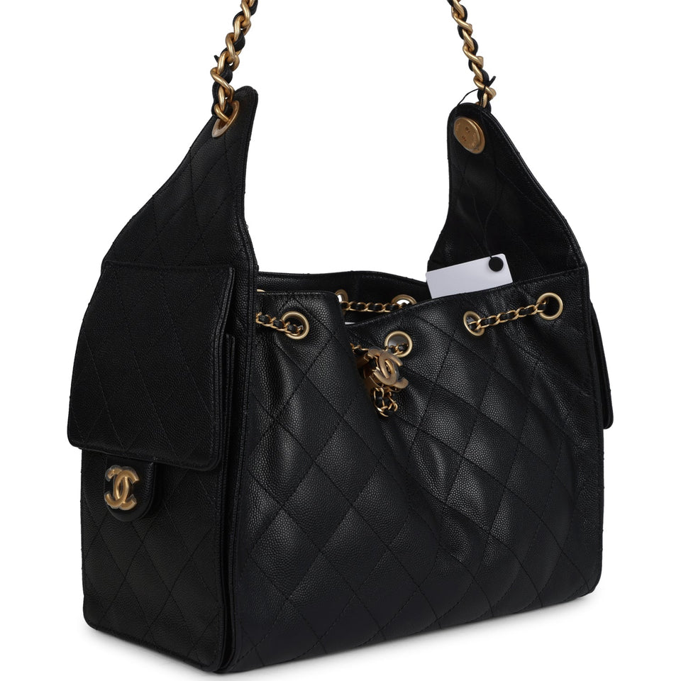 Chanel Small 25 Hobo Bag Black Caviar Antique Gold Hardware