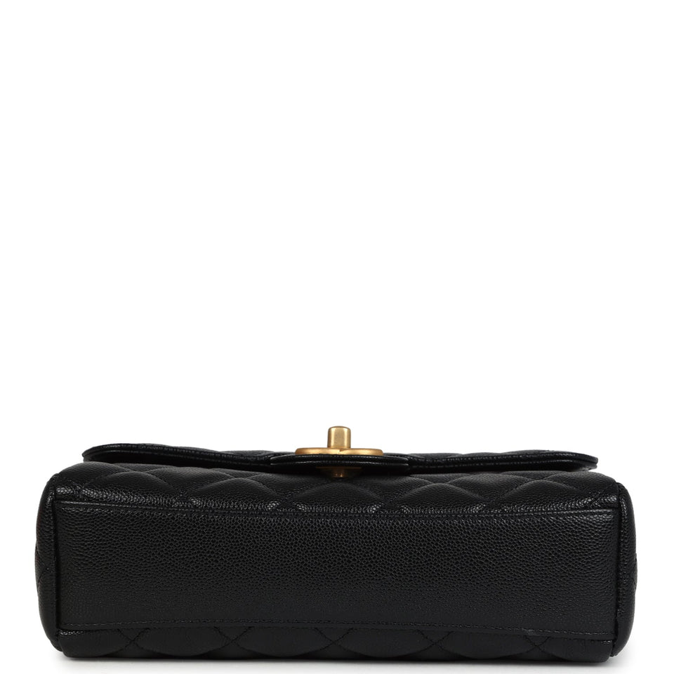 Chanel Small Top Handle Flap Bag Black Shiny Grained Calfskin Brushed Gold Hardware