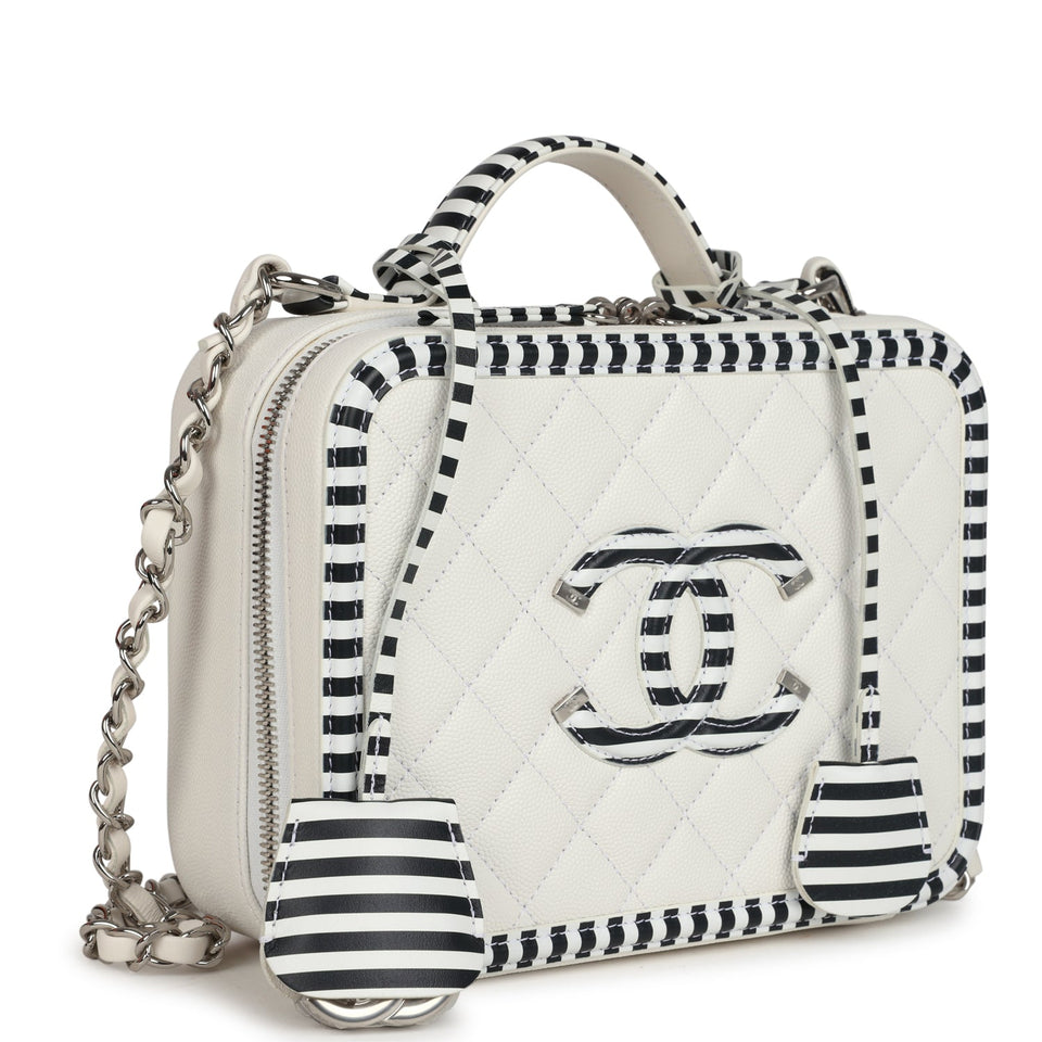 Chanel Medium CC Filigree Vanity Case Black and White Caviar Silver Hardware