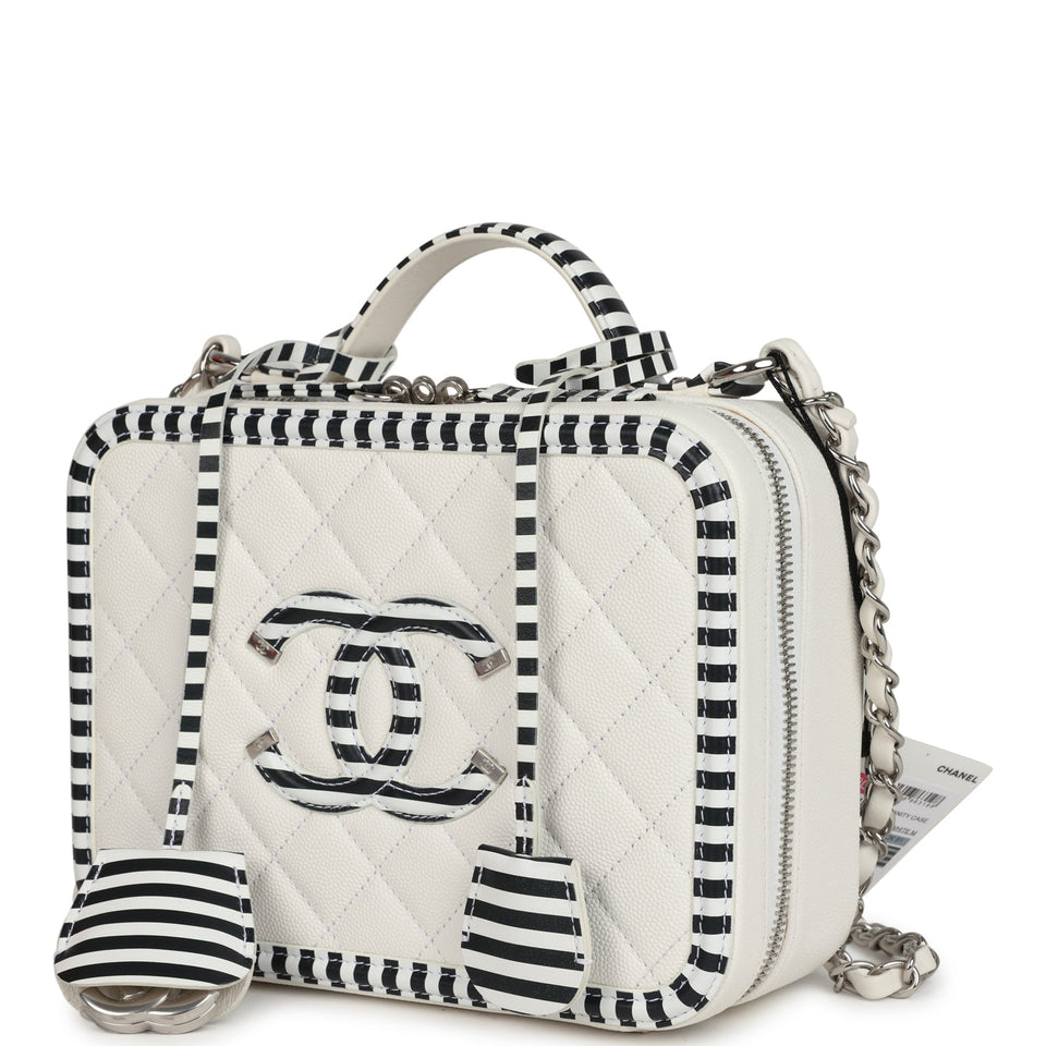 Chanel Medium CC Filigree Vanity Case Black and White Caviar Silver Hardware
