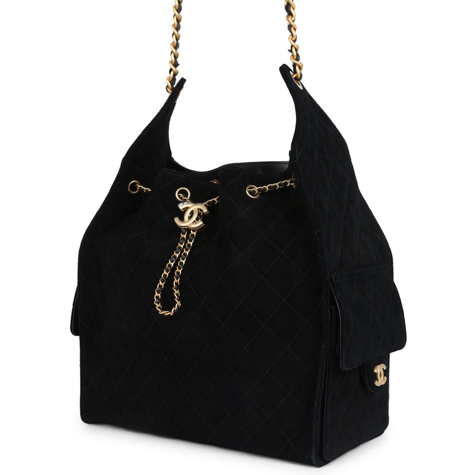 Chanel Large 25 Hobo Bag Black Suede Antique Gold Hardware