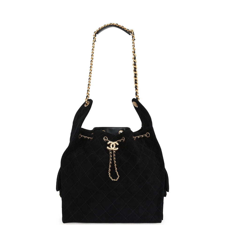 Chanel Large 25 Hobo Bag Black Suede Antique Gold Hardware