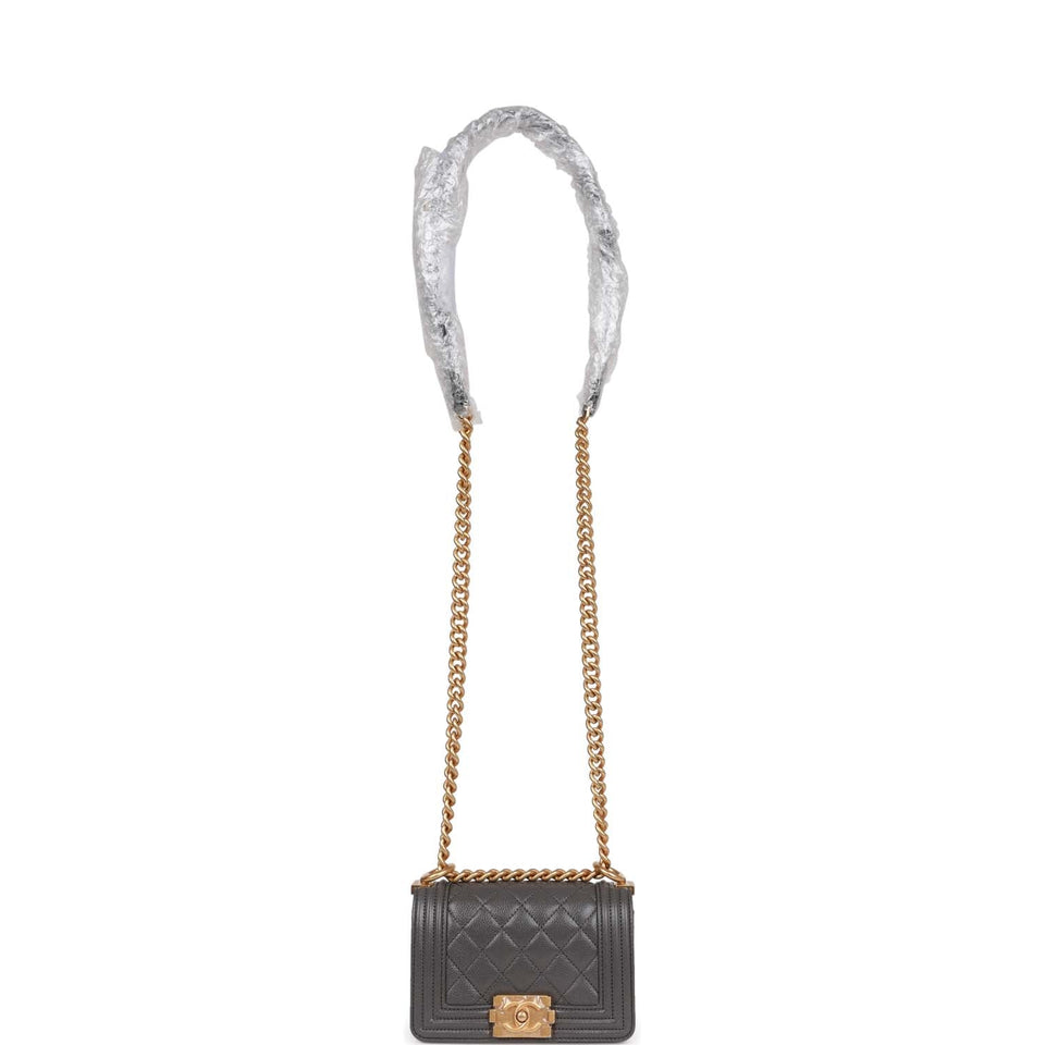 Chanel Mini Boy Bag Grey Caviar Antique Gold Hardware