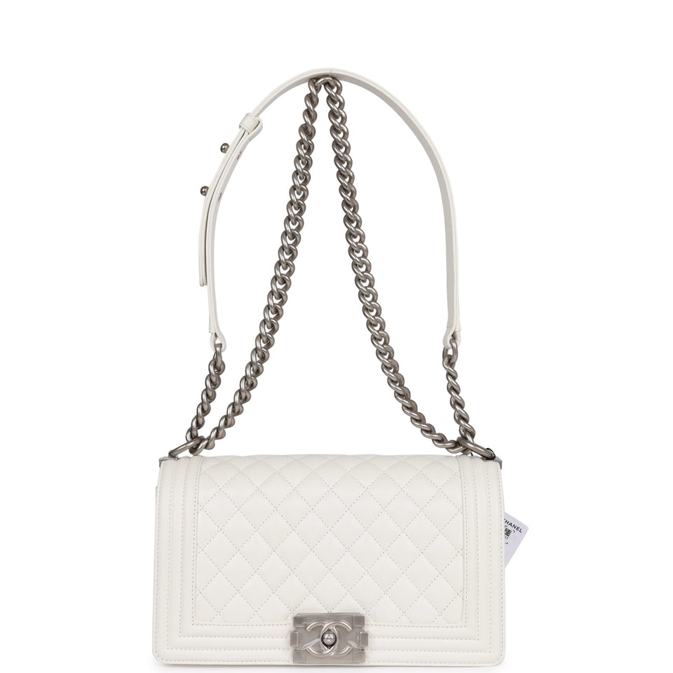 Chanel Medium Boy Bag White Caviar Aged Silver Hardware