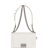 Chanel Medium Boy Bag White Caviar Aged Silver Hardware