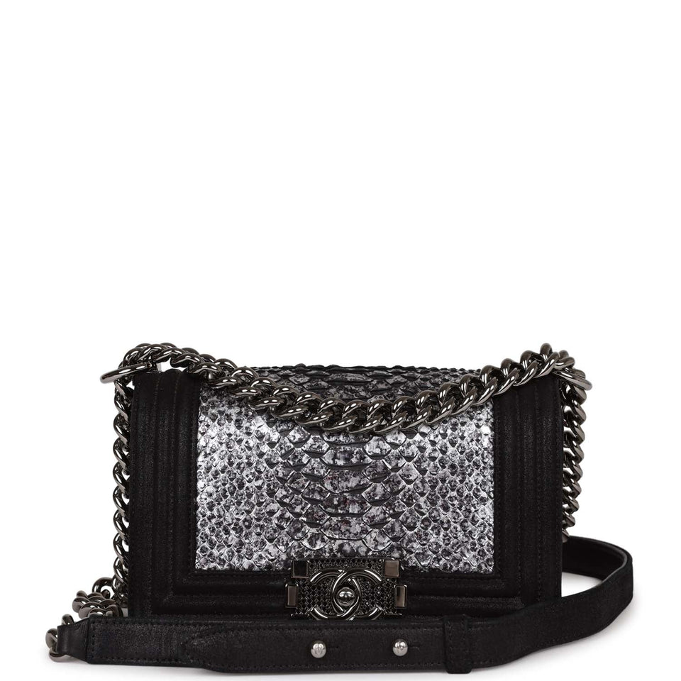 Chanel Small Boy Bag Black Suede and Silver Python Silver Hardware