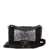 Chanel Small Boy Bag Black Suede and Silver Python Silver Hardware