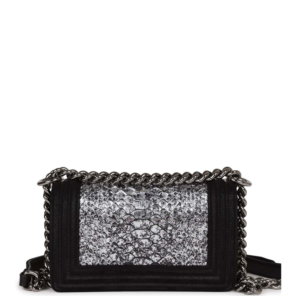 Chanel Small Boy Bag Black Suede and Silver Python Silver Hardware
