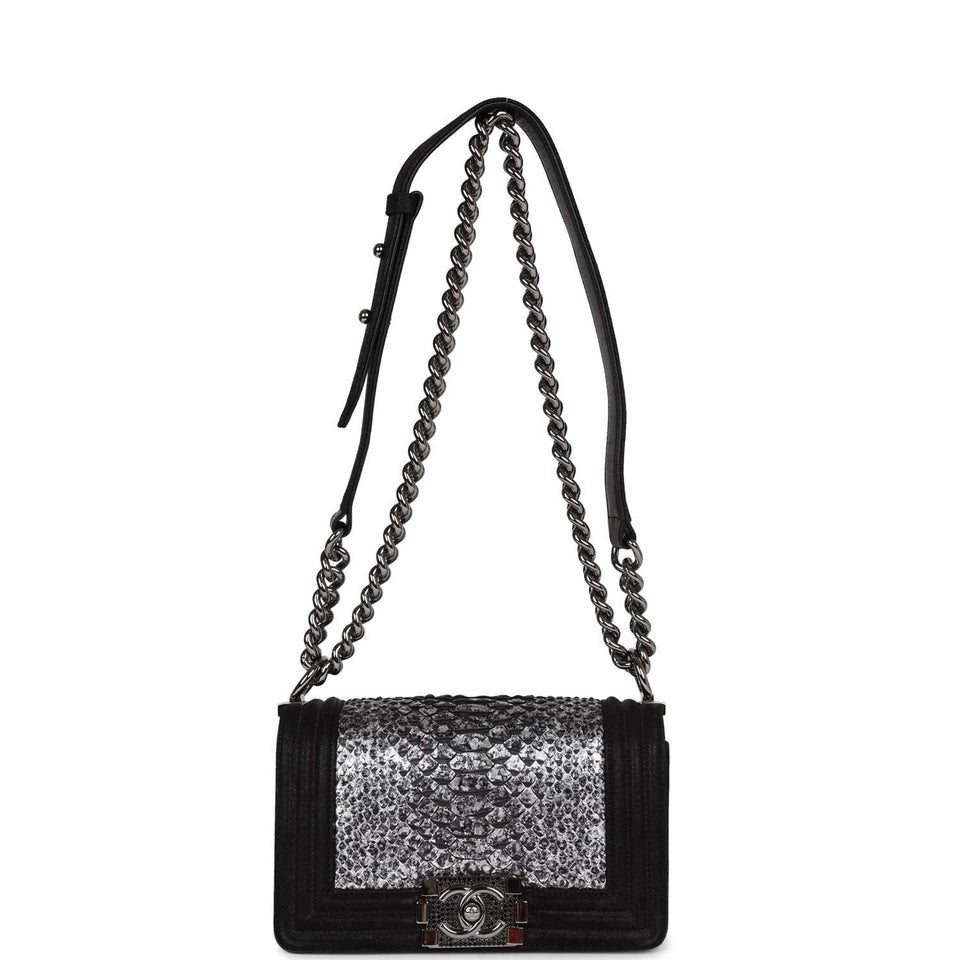 Chanel Small Boy Bag Black Suede and Silver Python Silver Hardware
