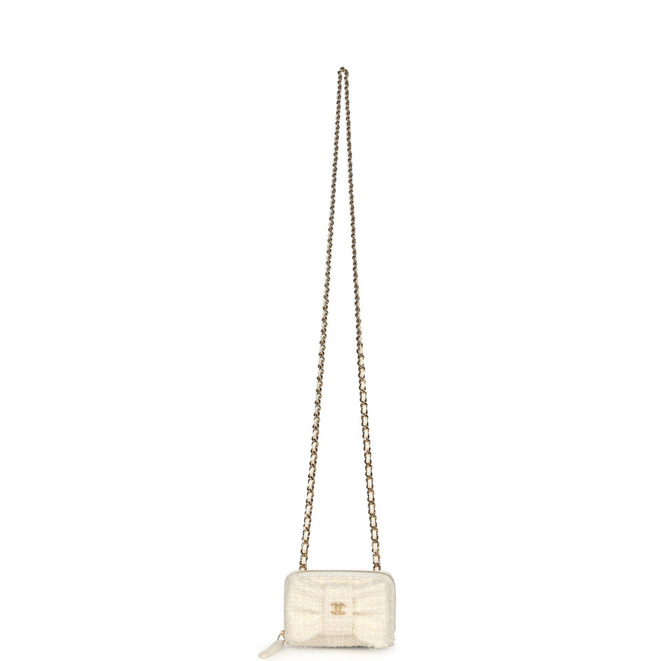 Chanel VIP Wallet on Chain WOC Bow White Tweed Gold Hardware