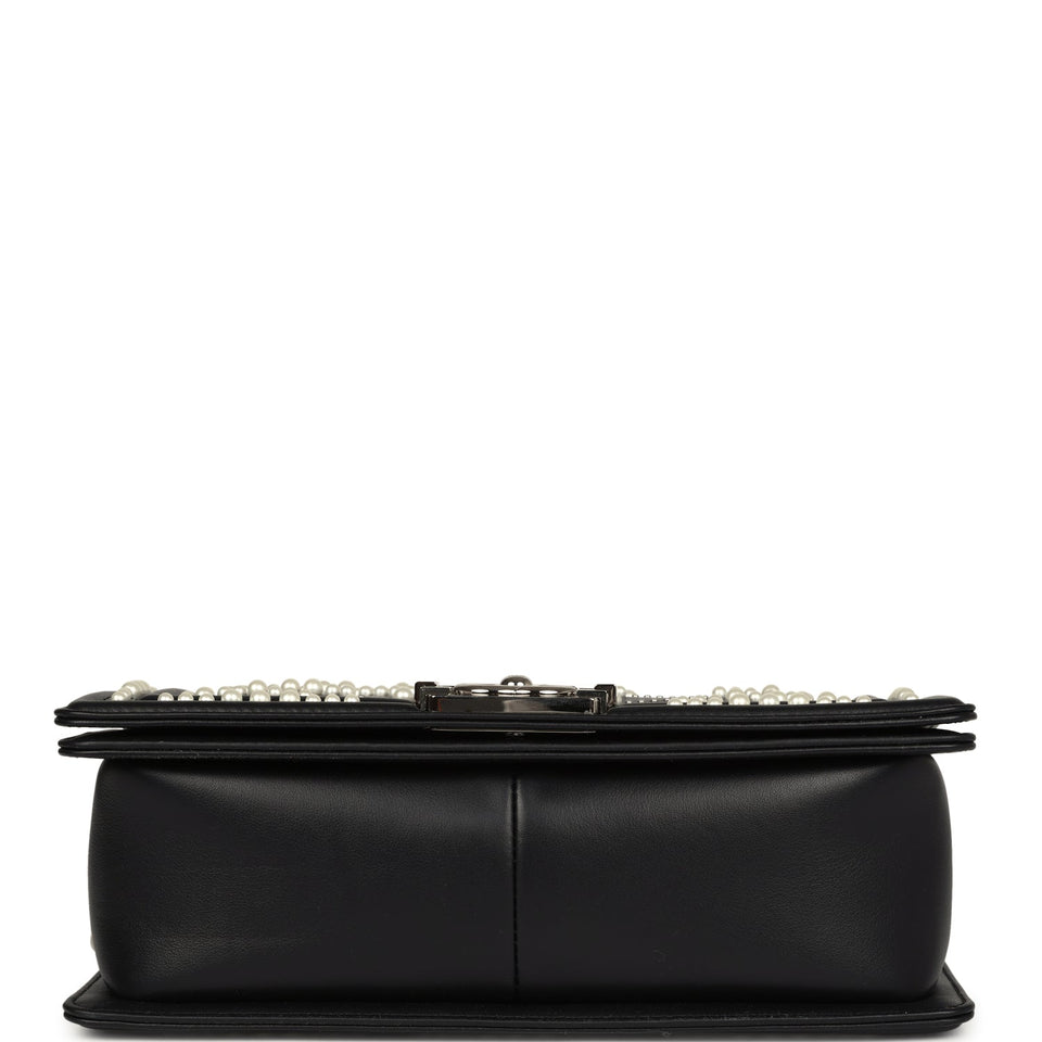 Chanel Medium Boy Bag Black Pearl Chevron Calfskin Silver Hardware