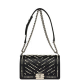 Chanel Medium Boy Bag Black Pearl Chevron Calfskin Silver Hardware