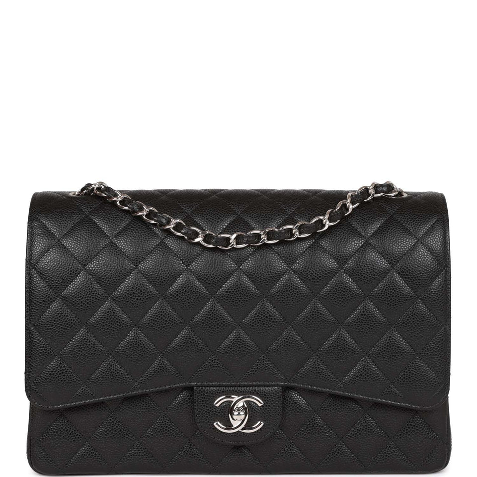 Chanel Maxi Classic Double Flap Bag Black Quilted Caviar Silver Hardware