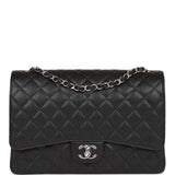 Chanel Maxi Classic Double Flap Bag Black Quilted Caviar Silver Hardware