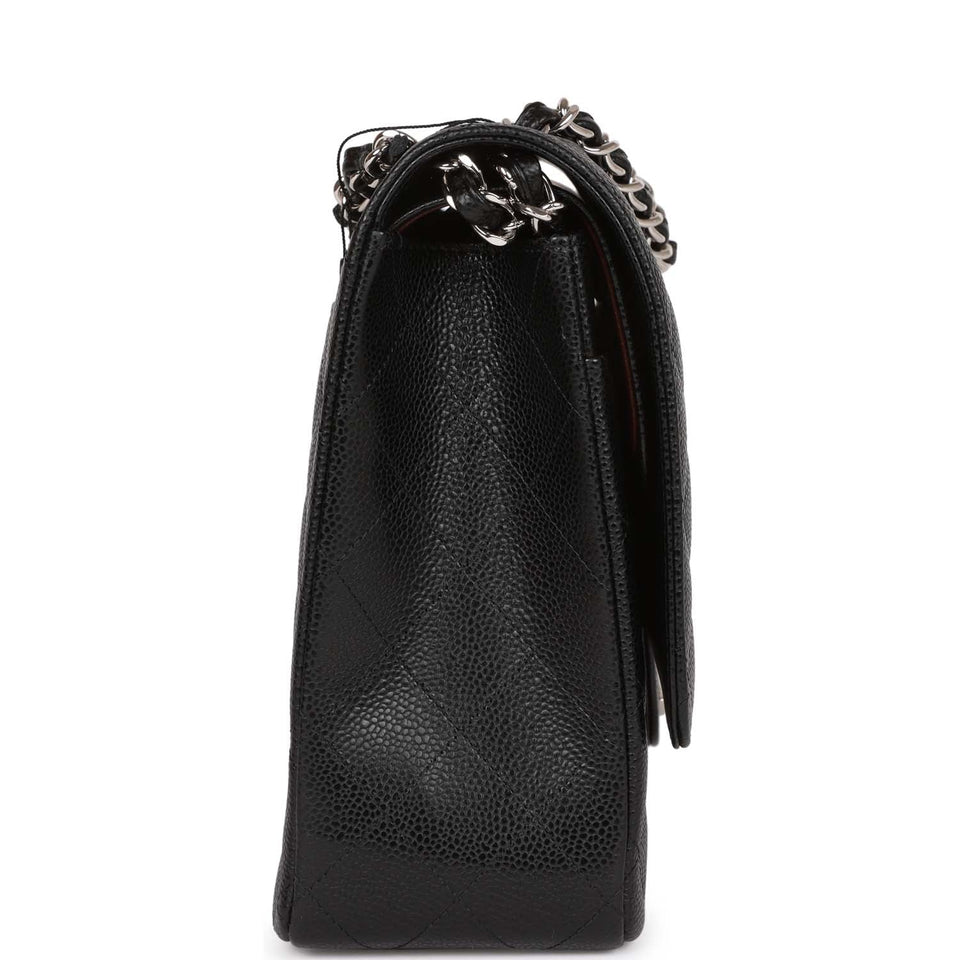 Chanel Maxi Classic Double Flap Bag Black Quilted Caviar Silver Hardware