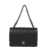 Chanel Maxi Classic Double Flap Bag Black Quilted Caviar Silver Hardware