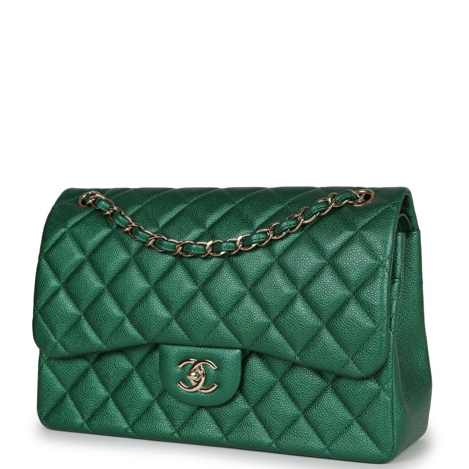 Chanel Jumbo Classic Double Flap Bag Emerald Green Caviar Light Gold Hardware