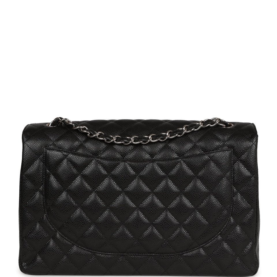 Chanel Maxi Classic Single Flap Bag Black Caviar Silver Hardware