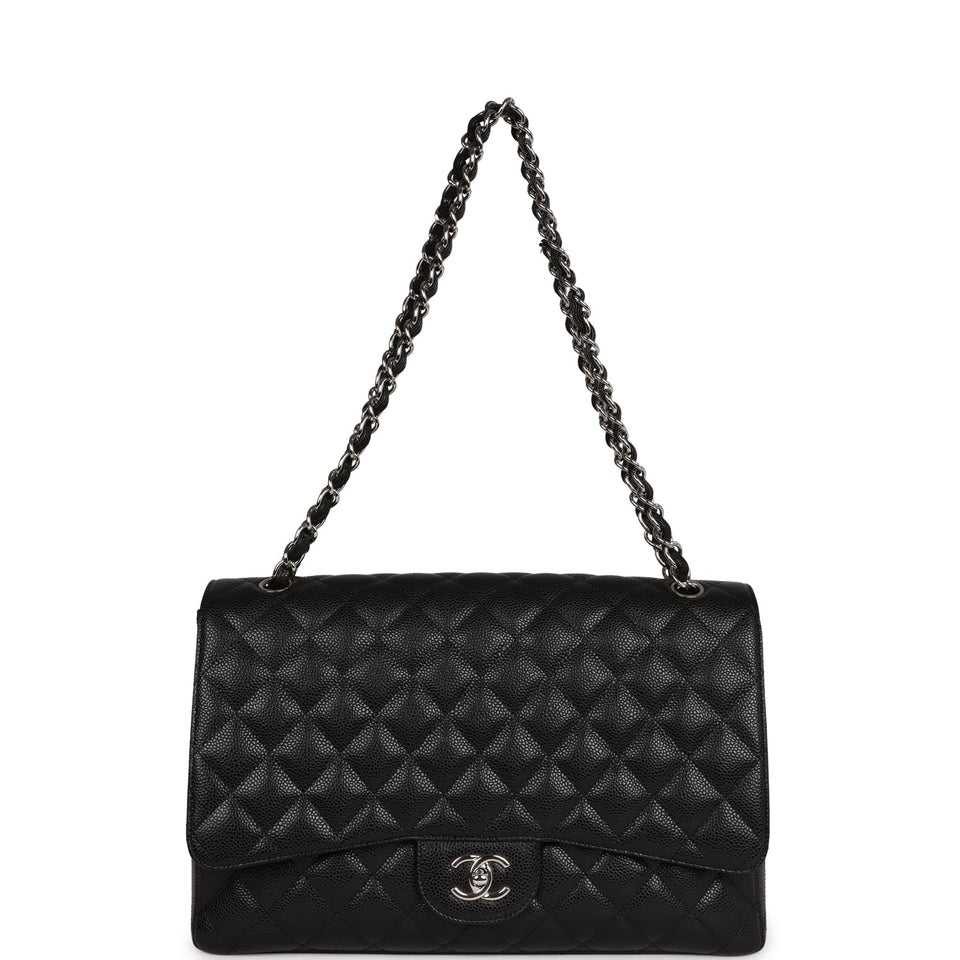 Chanel Maxi Classic Single Flap Bag Black Caviar Silver Hardware