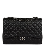 Chanel Maxi Classic Double Flap Bag Black Lambskin Silver Hardware