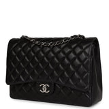 Chanel Maxi Classic Double Flap Bag Black Lambskin Silver Hardware
