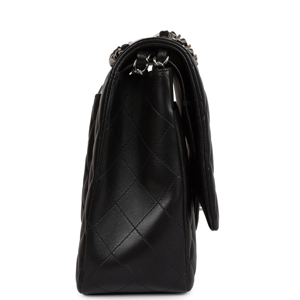 Chanel Maxi Classic Double Flap Bag Black Lambskin Silver Hardware