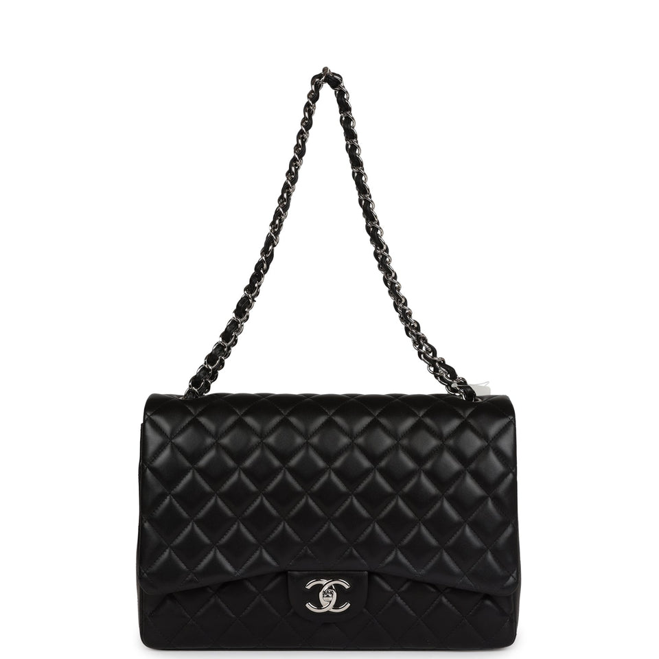 Chanel Maxi Classic Double Flap Bag Black Lambskin Silver Hardware