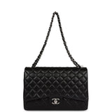 Chanel Maxi Classic Double Flap Bag Black Lambskin Silver Hardware