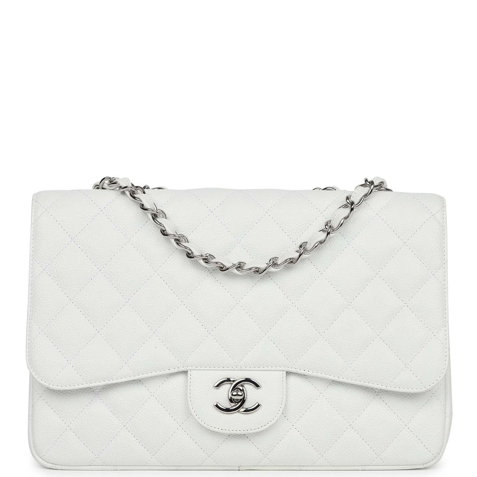 Chanel Jumbo Classic Single Flap Bag White Caviar Silver Hardware