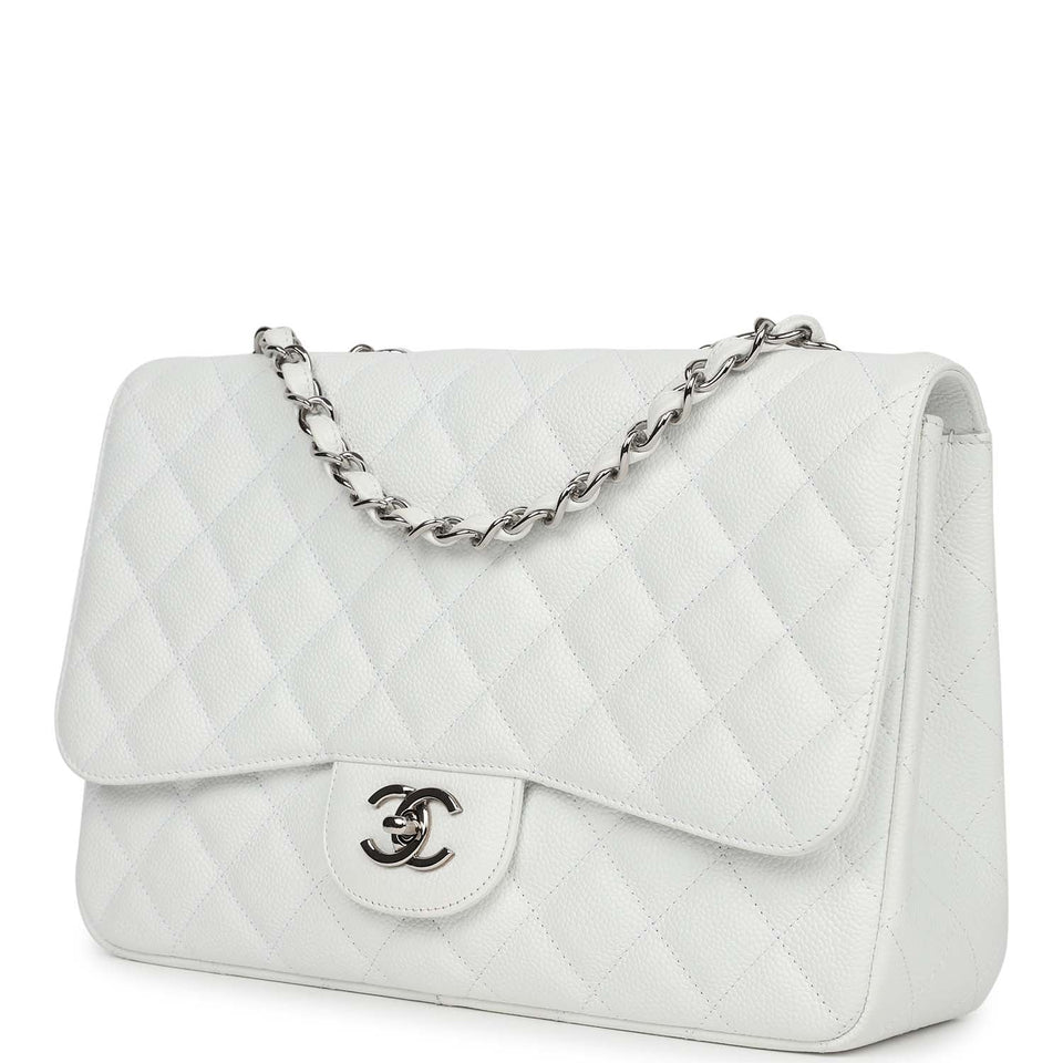 Chanel Jumbo Classic Single Flap Bag White Caviar Silver Hardware