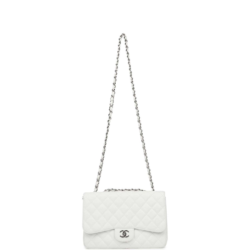 Chanel Jumbo Classic Single Flap Bag White Caviar Silver Hardware