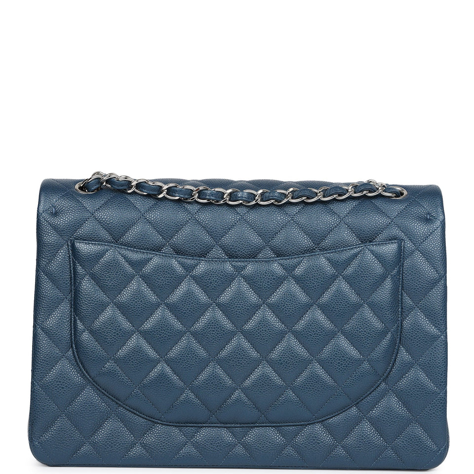 Chanel Maxi Classic Double Flap Bag Dark Blue Caviar Silver Hardware