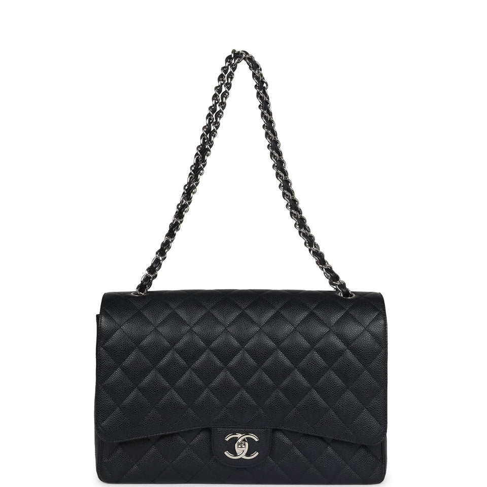 Chanel Maxi Classic Double Flap Bag Black Caviar Silver Hardware