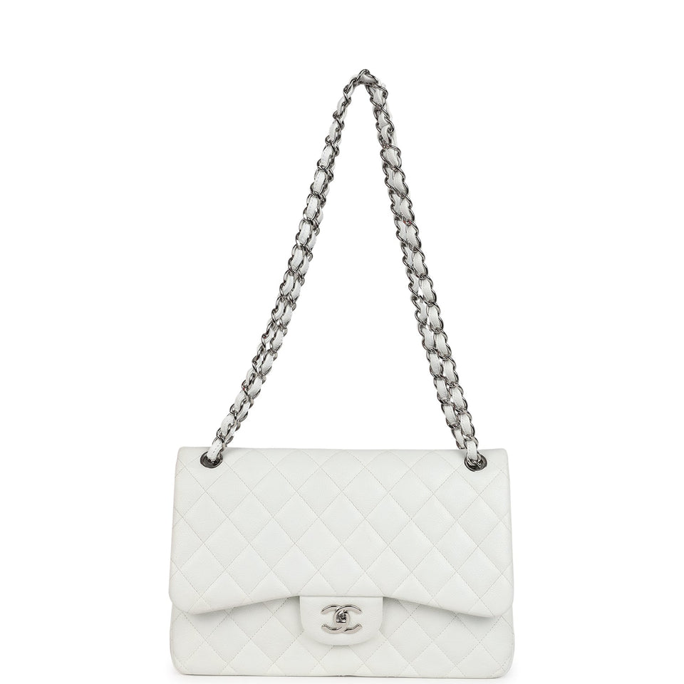 Chanel Jumbo Classic Single Flap Bag White Caviar Silver Hardware