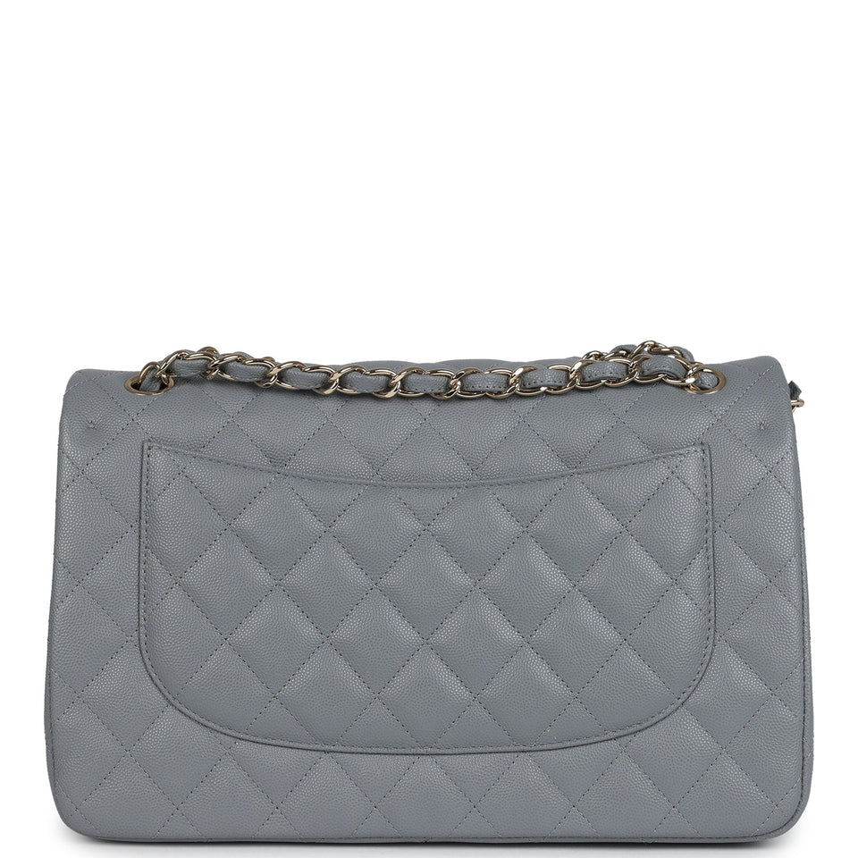 Chanel Jumbo Classic Double Flap Bag Light Grey Shiny Caviar Light Gold Hardware