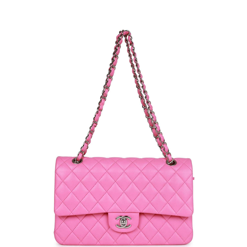 Chanel Medium Classic Double Flap Bag Neon Pink Lambskin Silver Hardware