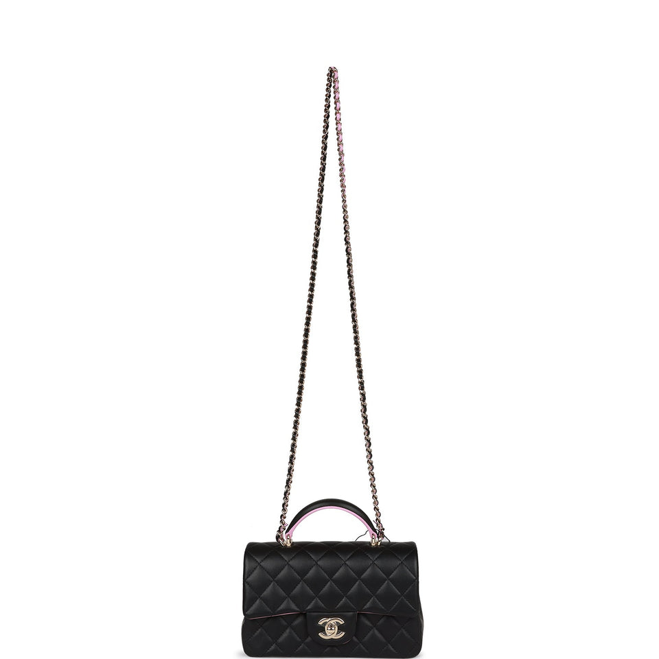 Chanel Mini Rectangular Flap Bag with Top Handle Black and Pink Lambskin Light Gold Hardware