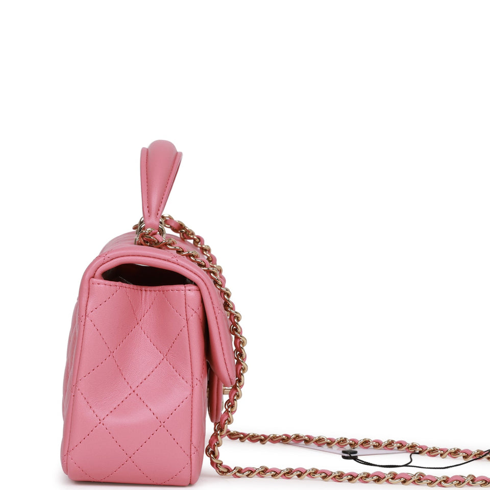 Chanel Mini Rectangular Flap Bag with Top Handle Pink Lambskin Light Gold Hardware